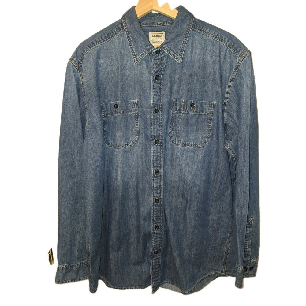 LL Bean Mens Large Tall Solid Blue Denim Button Front 100% Cotton Shirt